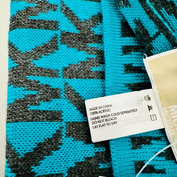 MICHAEL KORS MK SIGNATURE LOGO 100% ACRYLIC KNIT SCARF GREEN BLACK 66X9.5 - Picture 5 of 6